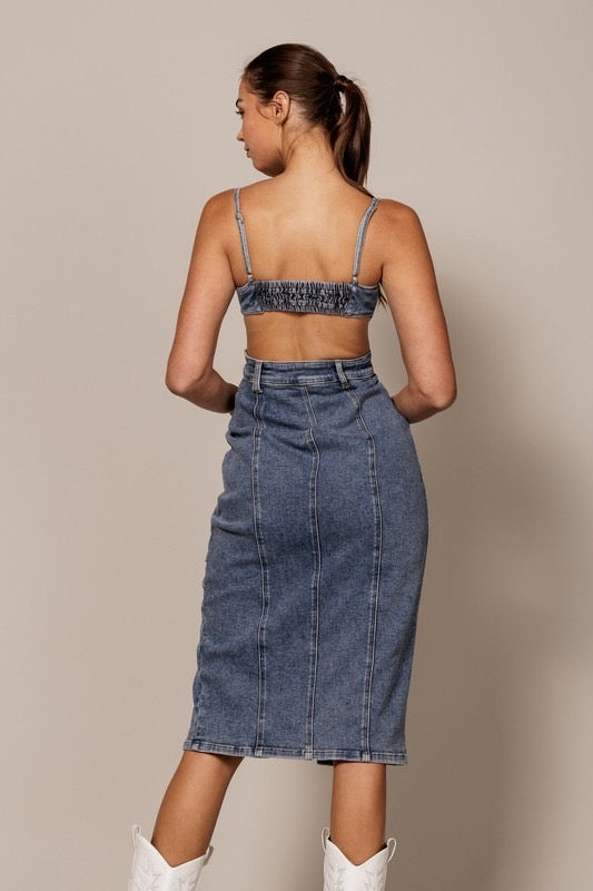 Open Back Button Down Midi Denim Dress