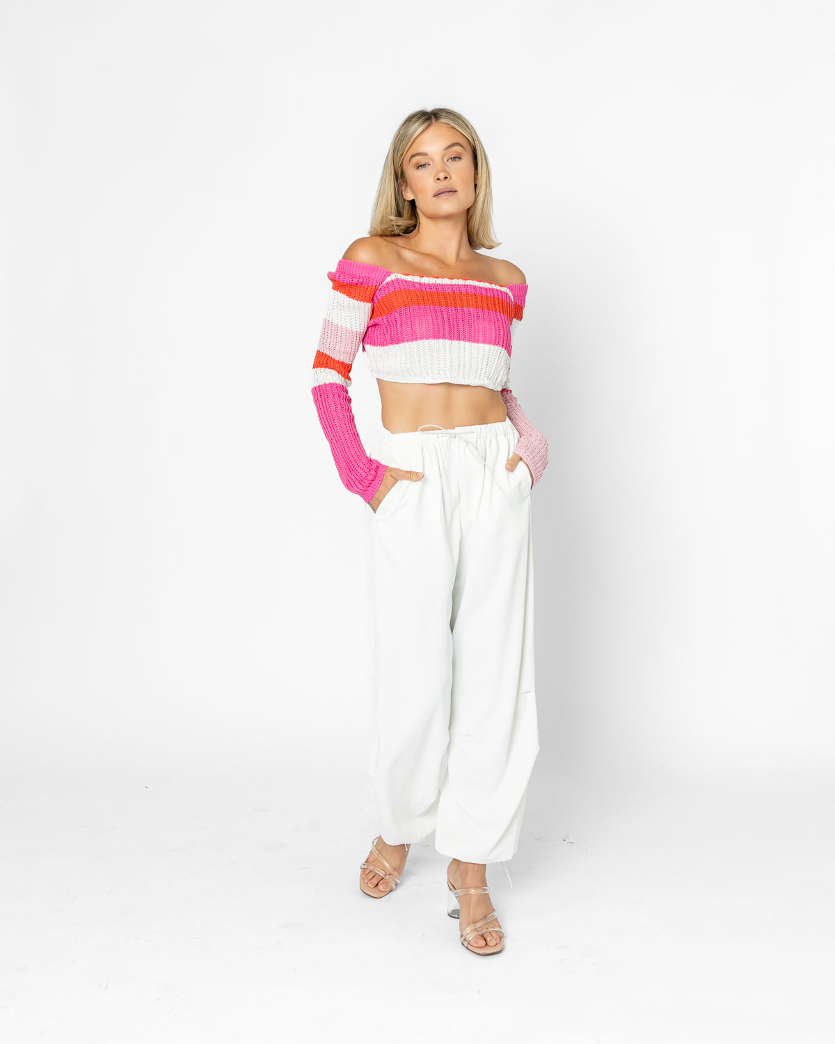 Striped Off The Shoulder Long Sleeve Crop Top