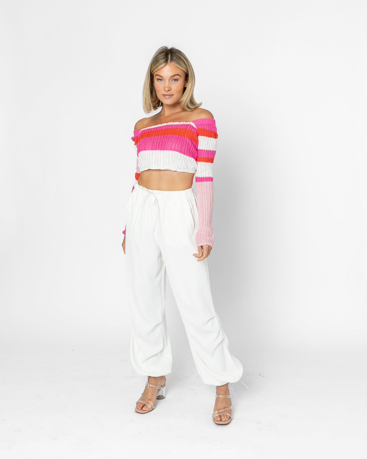 Striped Off The Shoulder Long Sleeve Crop Top