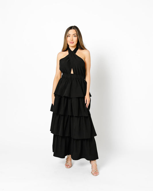 Crossed Halter Neck Tiered Maxi Dress