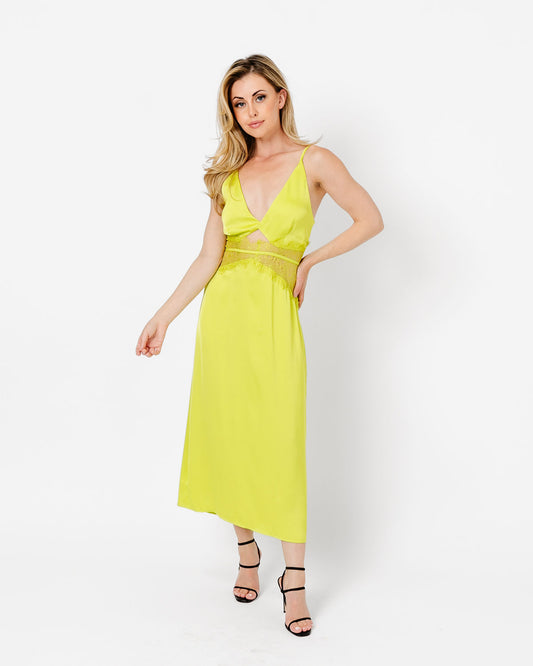 Lime Satin and Lace Midi Dress