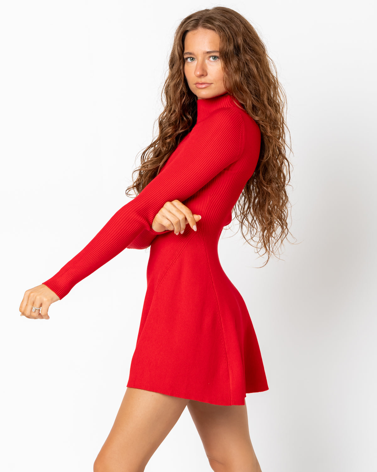 Manga larga Mock Neck Fit y flare mini vestido