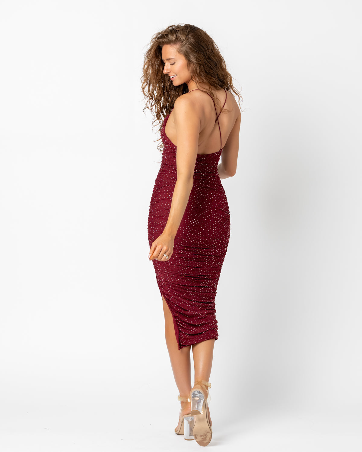 Sleeveless Crystal Ruched Midi Dress