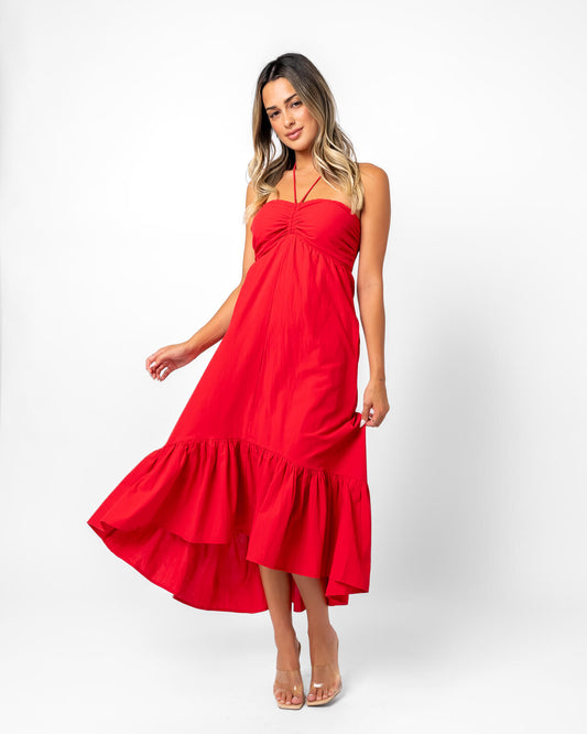 Ruffle Hem Ruched Halter Midi Dress