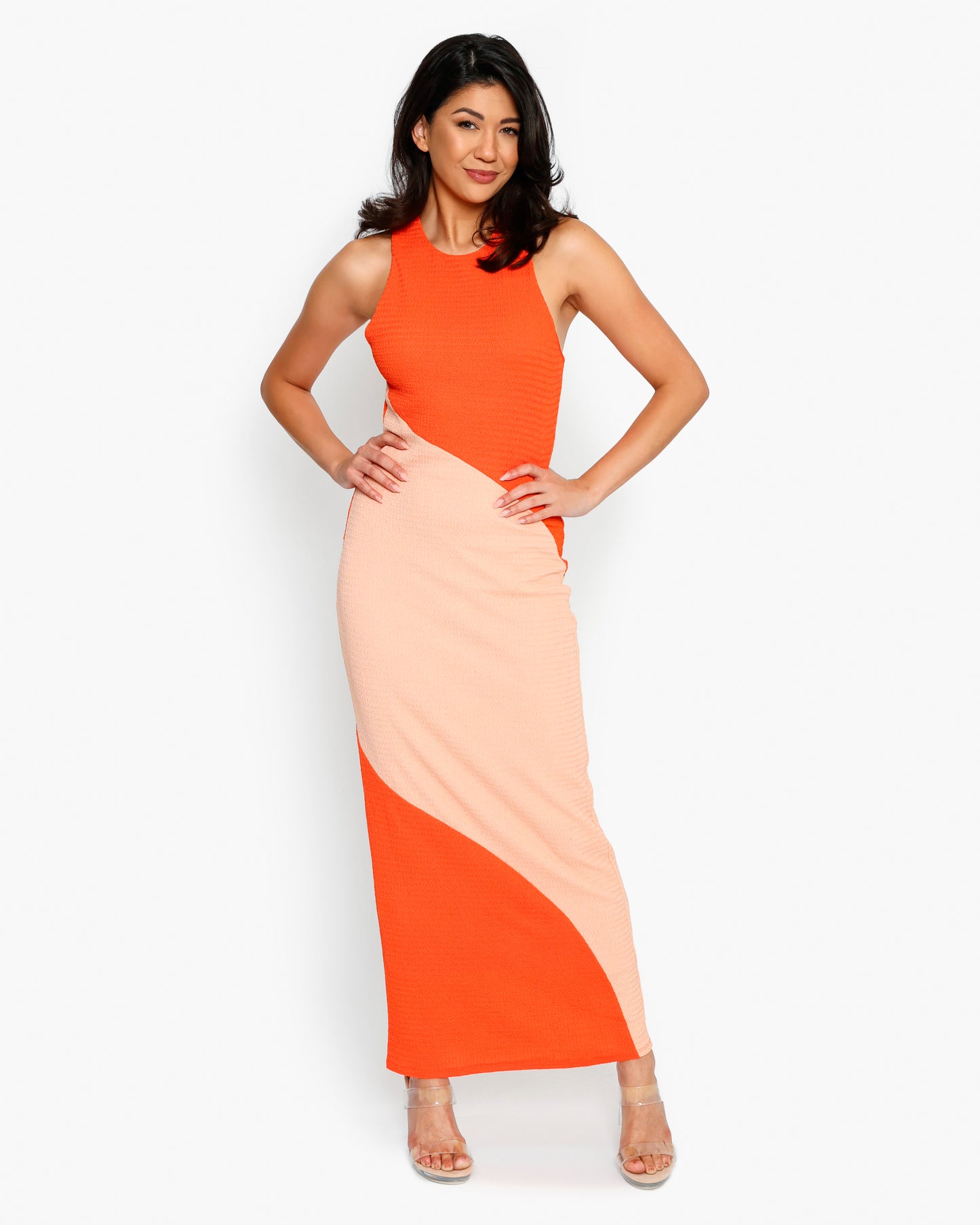 Stretchy Colorblock Round Neck Sundress Maxi Dress