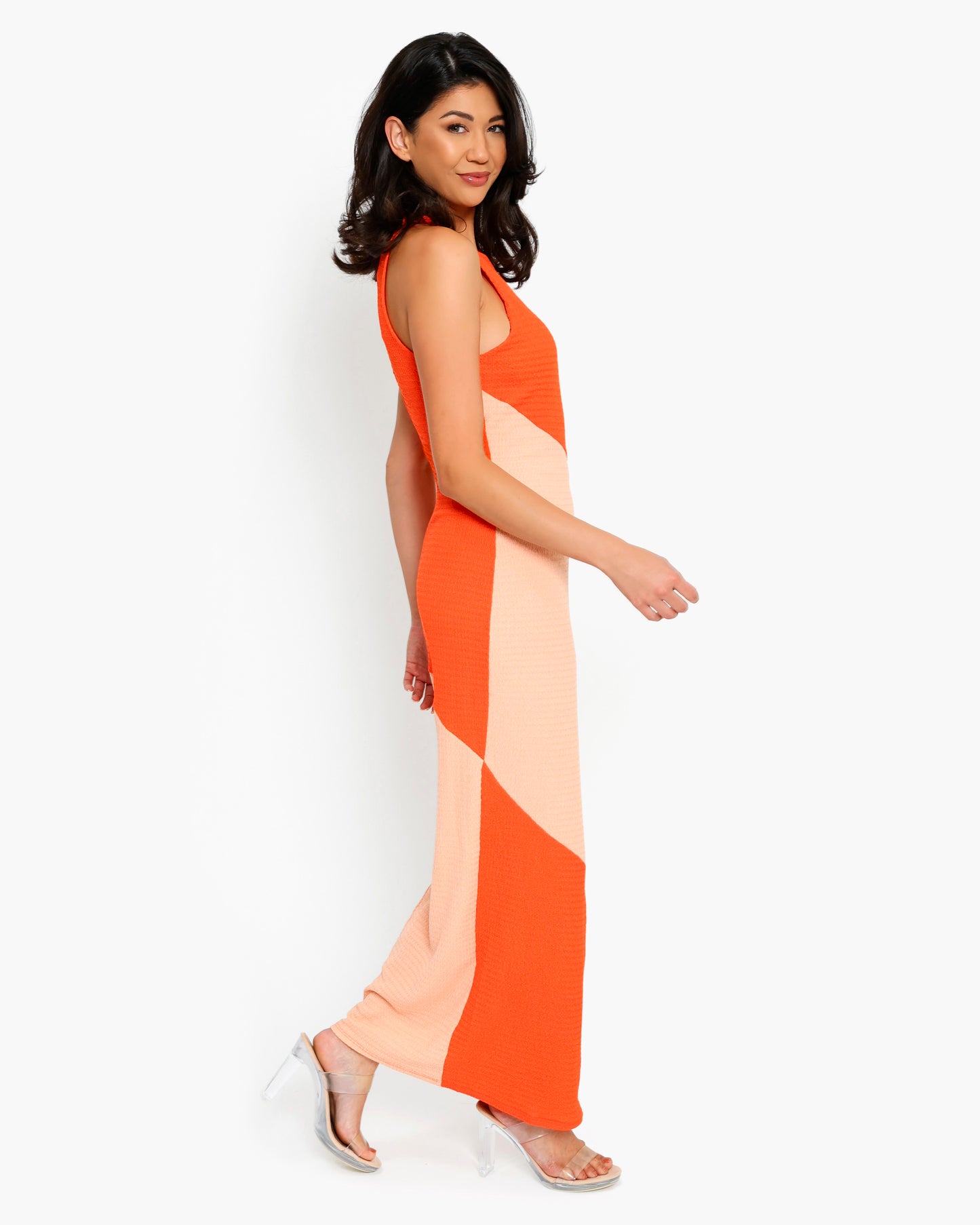 Stretchy Colorblock Round Neck Sundress Maxi Dress