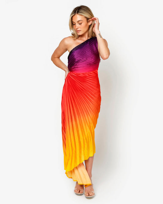 Radiance Ombre Asymmetrical Pleated Maxi Dress